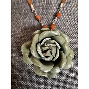 "V" Leather Rose Pendant Necklace Sage Green 14-16" Boho Festival Natural Floral